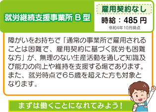 就労継続支援事業所B型 障がいをお持ちで「通常の事業所で雇用されることは困難で、雇用契約に基づく就労も困難な方」が、無理のない生産活動を通して知識及び能力の向上や維持を支援する場であります。また、就労時点で65歳を超えた方も対象となります。